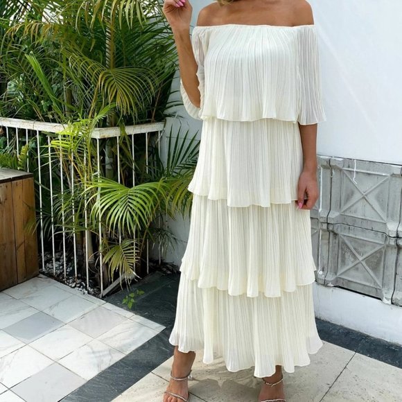 Chiffon Pleated Flounce Bardot Dress - Picture 3 of 5